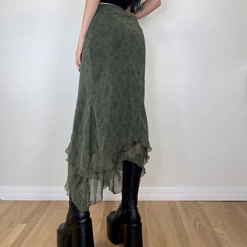 Thumbnail: Women Elegant Floral Print Midi Skirt Summer High Waist Irregular Hem Ruffled R
