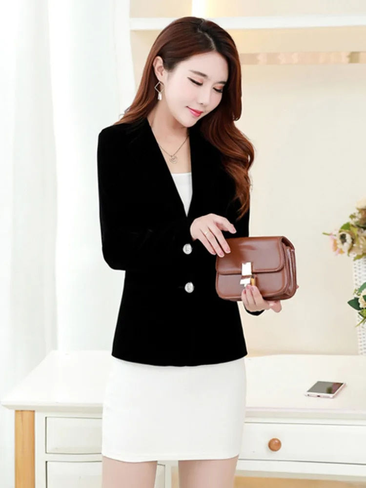 Thumbnail: PEONFLY Fashion Women Velvet Blazer Long Sleeve Korea Style Female Blazer Offic
