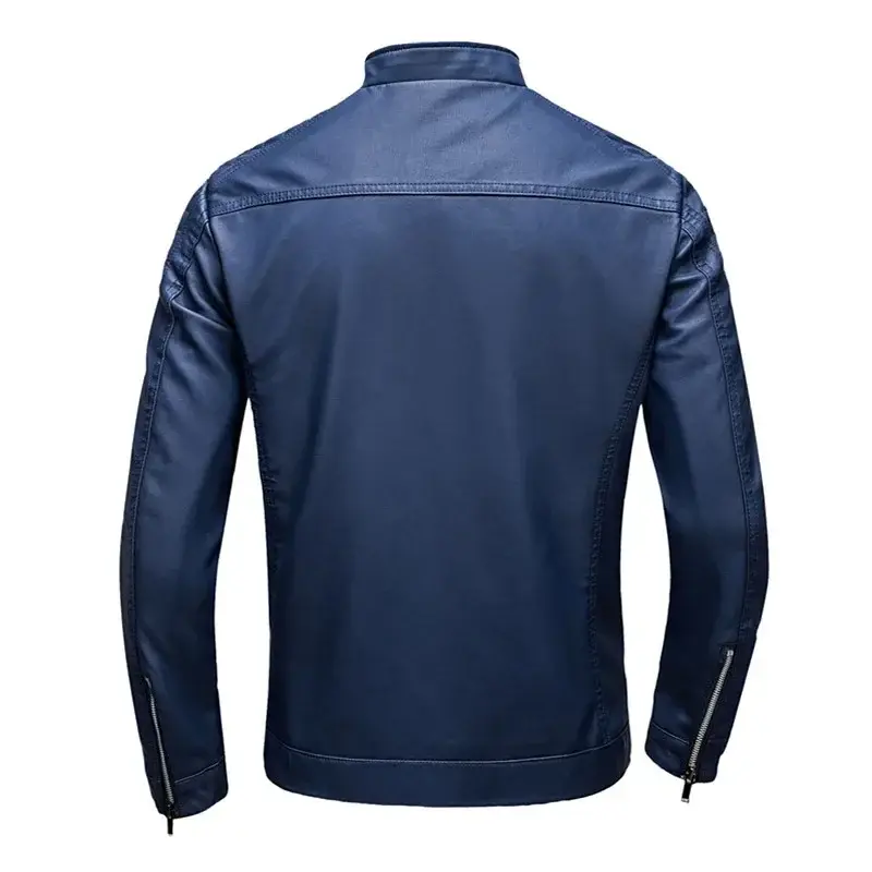 Thumbnail: Motorcycle PU Leather Jacket Men Blue Leahter Jacket Male Stand Collar Casual W