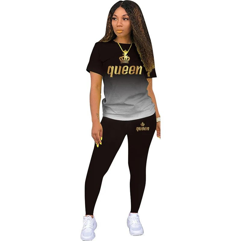 Thumbnail: Summer Two Piece Outfits For Yoga Fitness Athletic Sets Printed Gradient T Shir