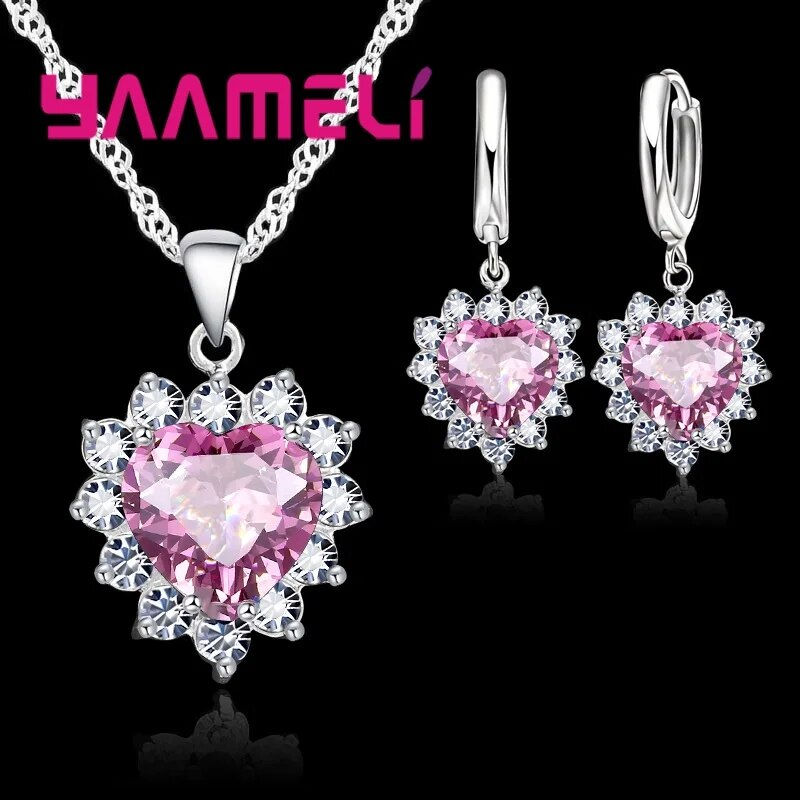 Miniatura: Trendy 925 Sterling Silver Jewelry Set for Women Heart CZ Stone Charm Pendants 