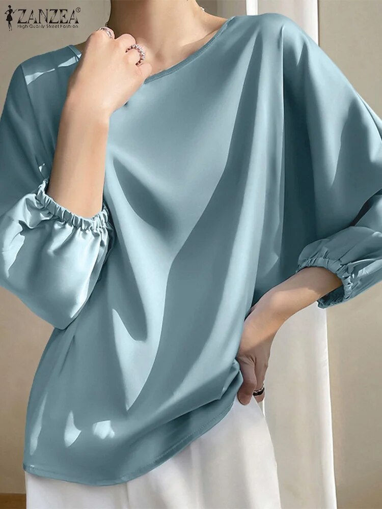 Thumbnail: 2023 ZANZEA Women Summer Satin Blouse Elegant O Neck 3/4 Sleeve OL Work Shirt F