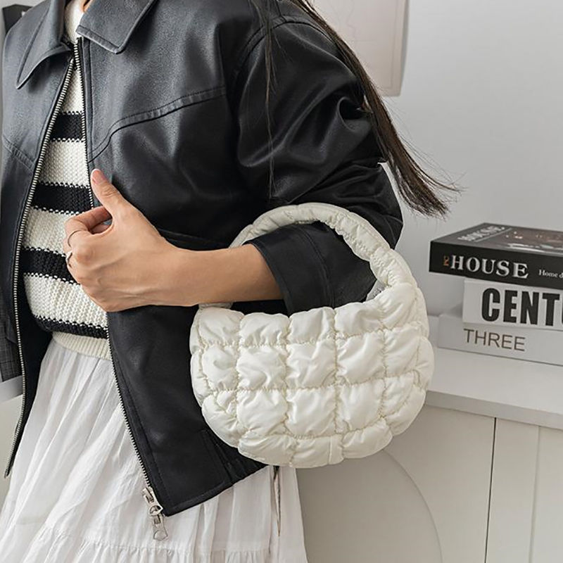 Thumbnail: Fashion Mini Puffer Tote Bag Quilted Circle Phone Purse Elegant Purple Soft Nyl