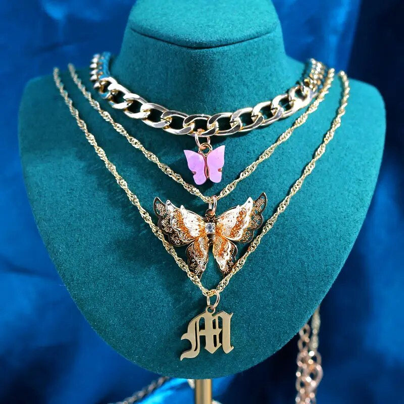 Thumbnail: New Multi Layer Butterfly Dragon Charms Crystal Necklaces For Women Punk Golden