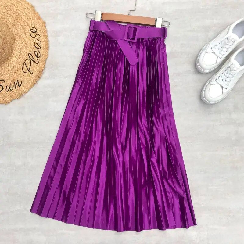 Thumbnail: Seoulish 2023 New Solid Elegant Stain Women's Pleated Skirts with Belted High W