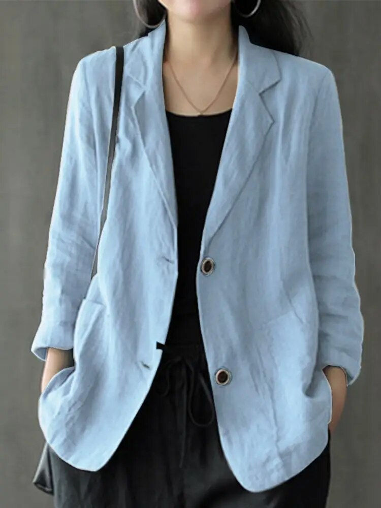 Thumbnail: ZANZEA Women Lapel Neck Long Sleeve Blazer Autumn Vintage Casual Solid Cotton B