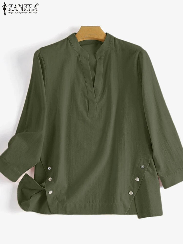 Thumbnail: ZANZEA Summer Elegant Solid Blouse Women Vintage Cotton Tops Tunic Casual Loose
