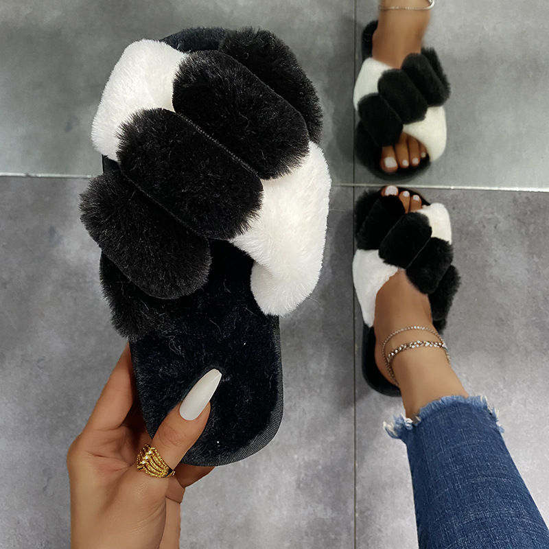 Thumbnail: Cross-strap Furry Slippers Home Flat Indoor Floor Bedroom House Shoes Women