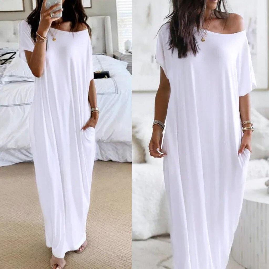 White Women's Maxi Dress Daily Casual Loose Elegant Dress Short Sleeve Shoulder