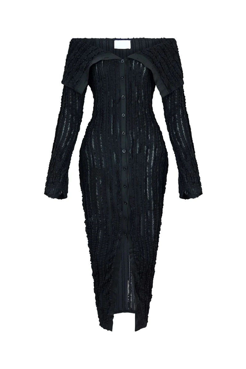 Thumbnail: Lace Ruffle Women Cute Bodycon Maxi Dress Slash Neck Off Shoulder Long Sleeve S