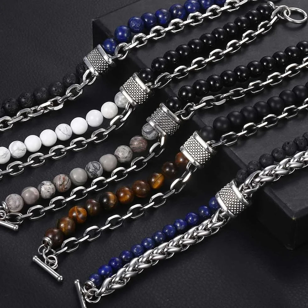 ภาพขนาดย่อ: New 2020 Men's Tiger Eye Stone Beaded Bracelet Stainless Steel Gunmetal Link Ch