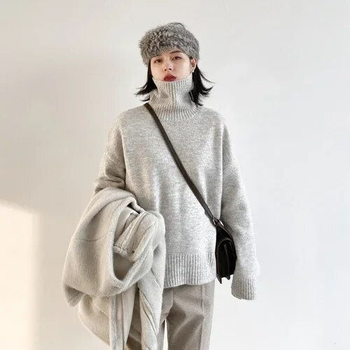 Thumbnail: CHIC VEN Korean Women's Sweater Loose Turtleneck Sweaters Warm Solid Pullover K
