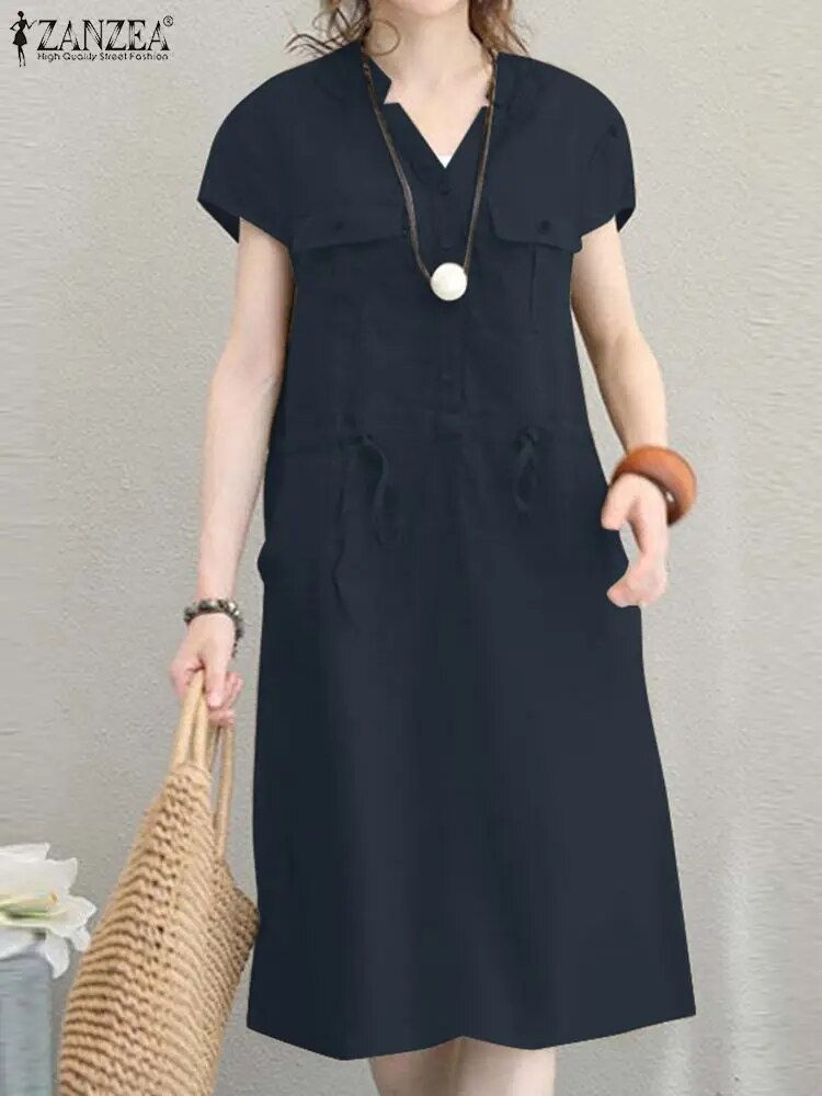 Thumbnail: ZANZEA Summer Short Sleeve Solid Knee-length Dress Fashion Women V Neck Casual
