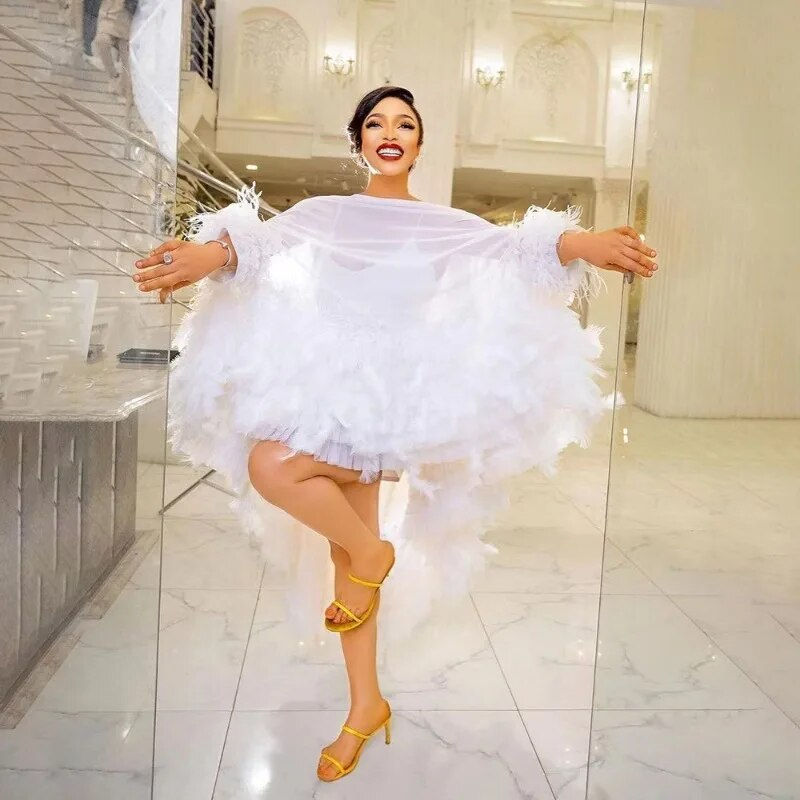 Miniatura: 2023 Women Luxury Even Dress White Feathers Oversized High Low Tulle Dress with
