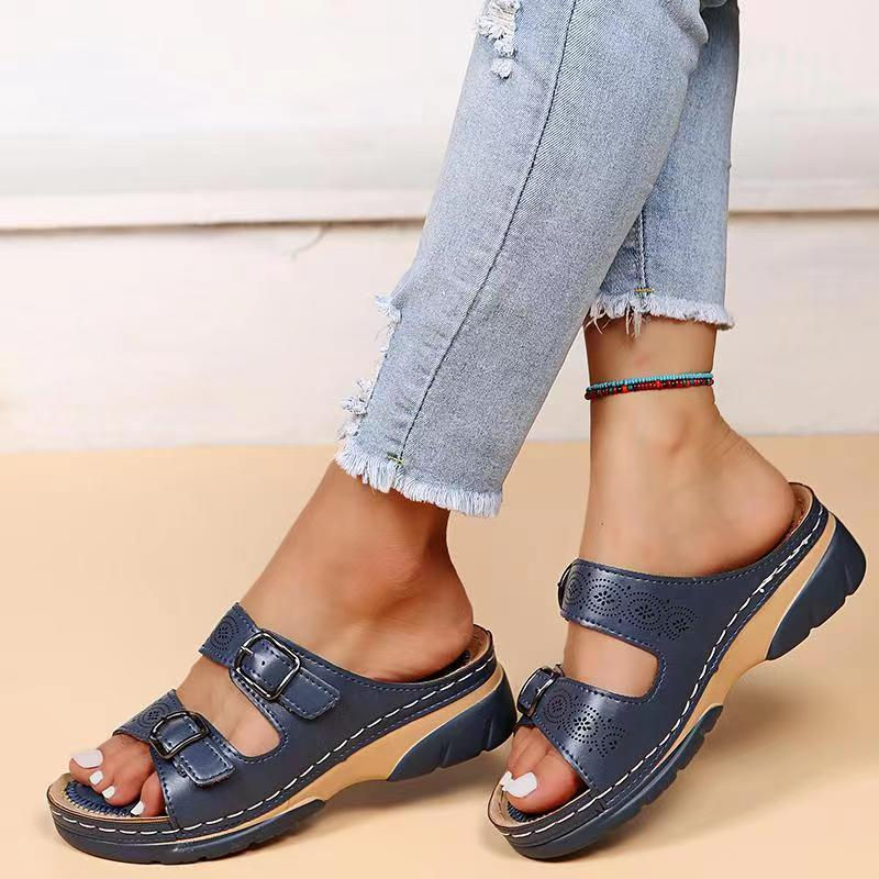 Thumbnail: Double Buckle Slippers Women Flat Sandals Summer