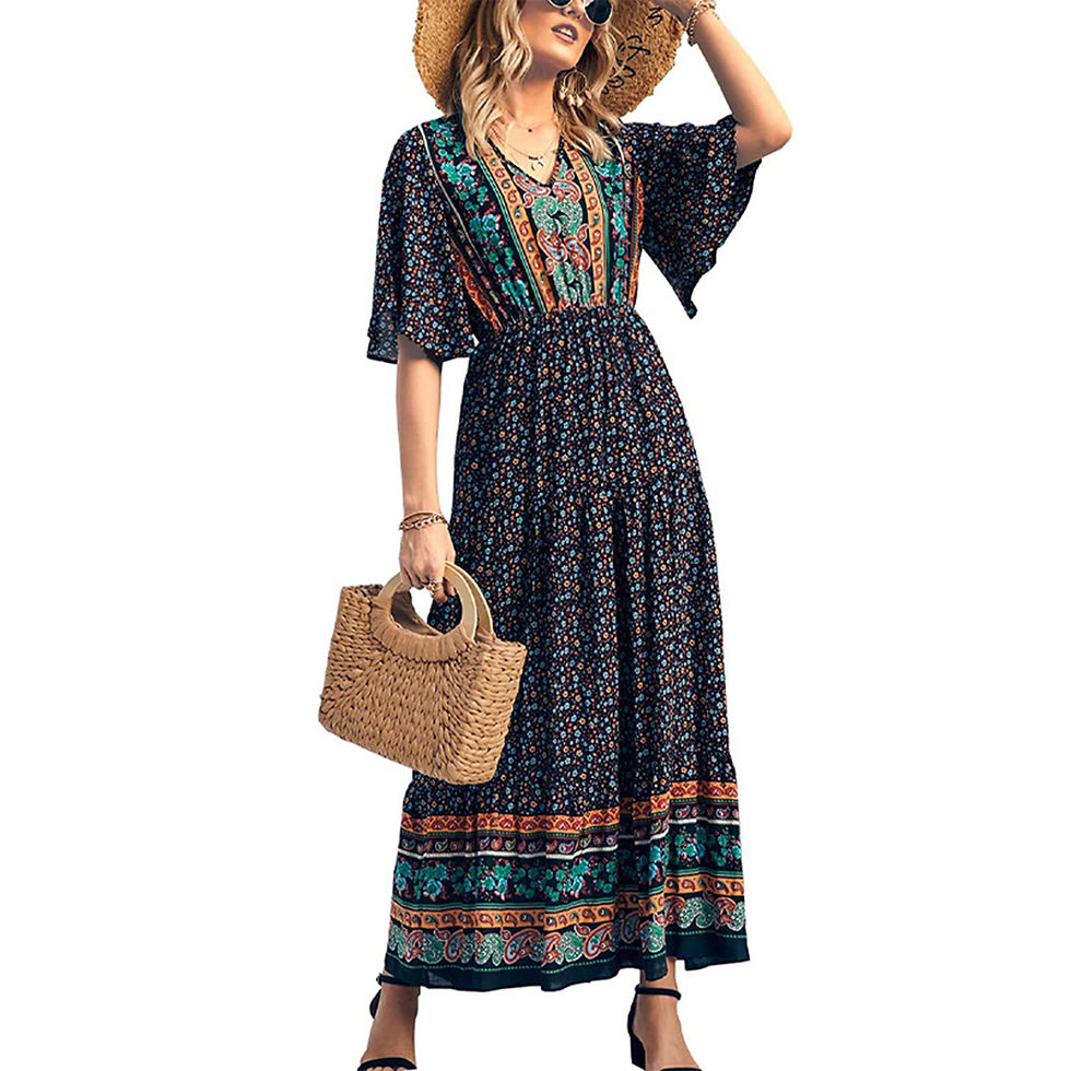 Thumbnail: Women Boho Retro Print Long Dress Short Sleeve V-Neck High Waist Dresses Summer