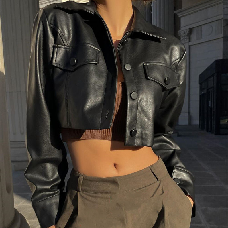 Thumbnail: Xeemilo Autumn Faux Leather Short Jacket Y2K Turn-down Collar Fashion Botton De