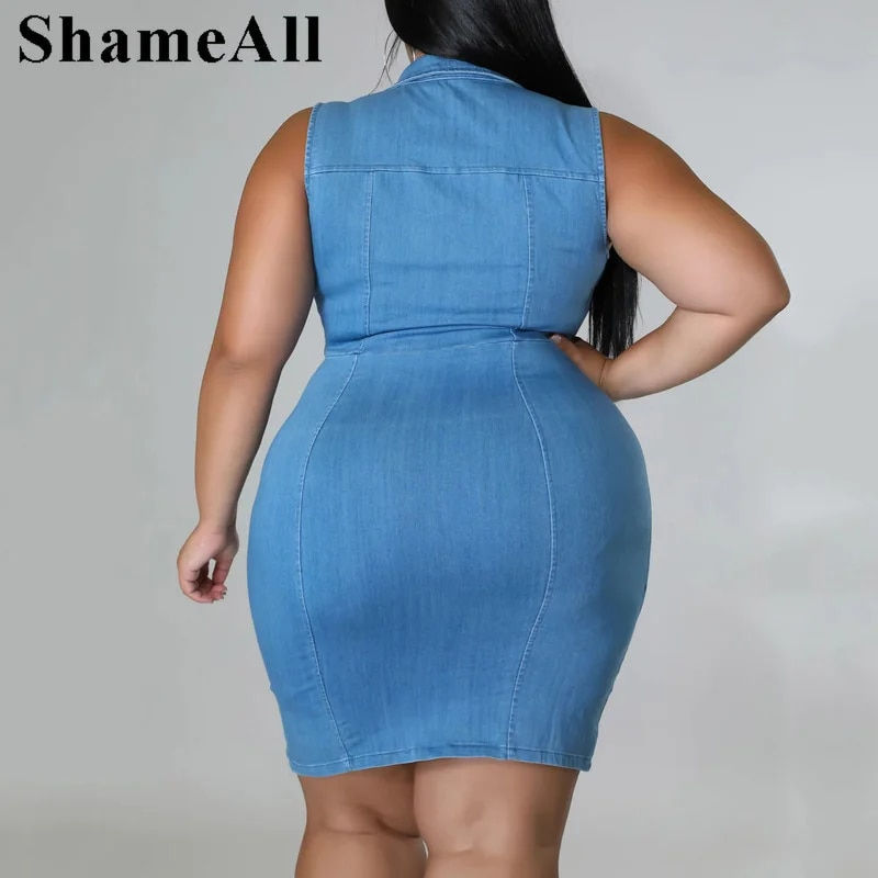 Thumbnail: Plus Size Turn Down Collar Super Stretchy Jean Bodycon Dress 4xl Summer Front Z