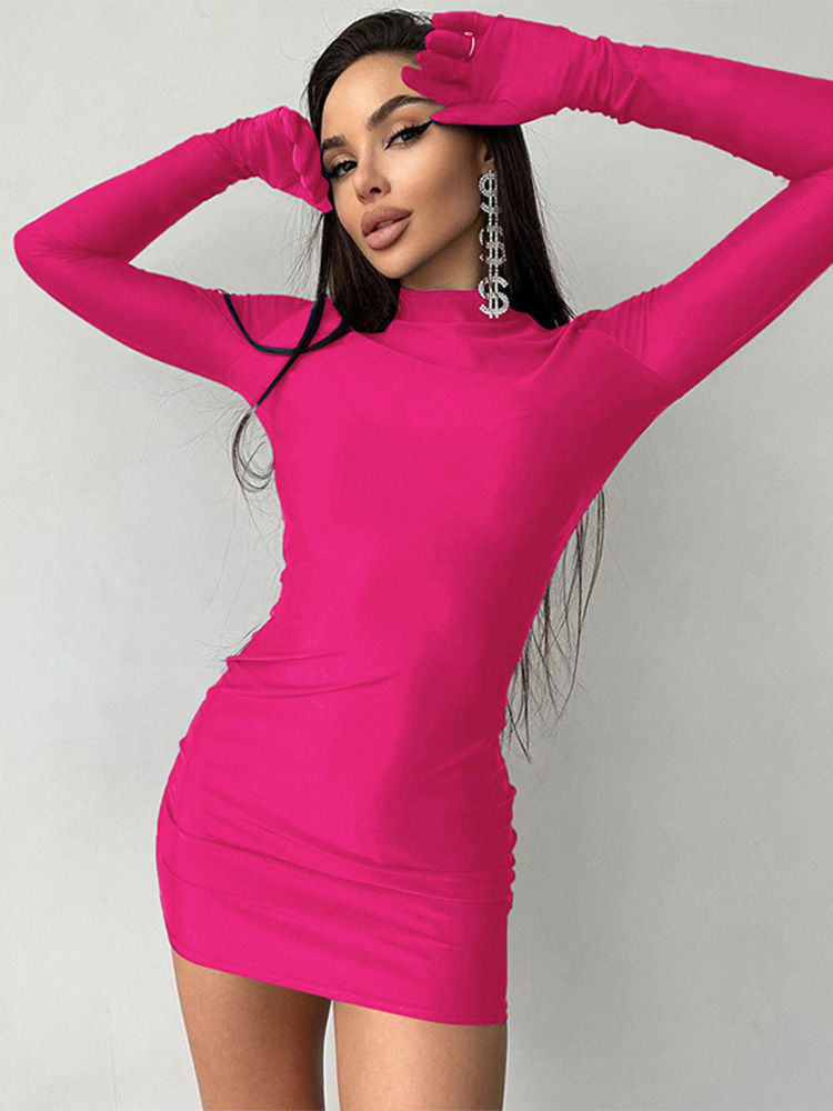 Imej kecil: Solid Long Sleeve With Gloves Mini Dress Bodycon Sexy Streetwear Party Half Tur
