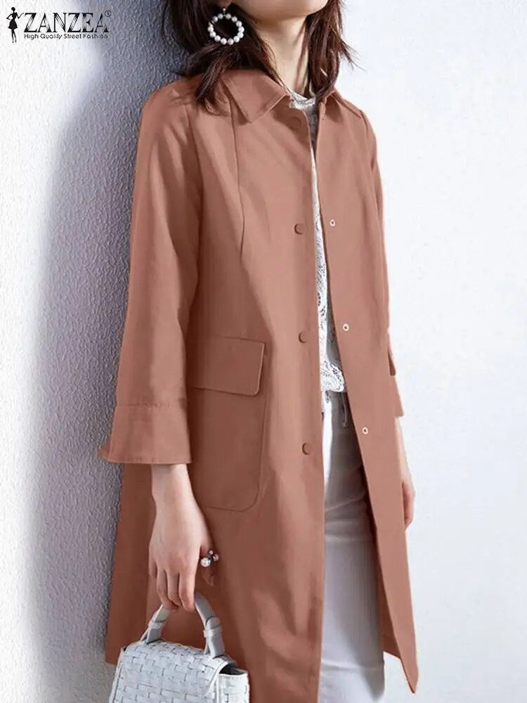 Miniaturbild: ZANZEA Fashion Windbreaker Women Autumn Lapel Neck 3/4 Sleeve Long Jackets Eleg