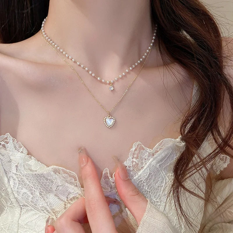 Thumbnail: Fashion Cute Love Heart Shaped Pendant Necklace Pearl Chain Shiny Women 2022 Ae