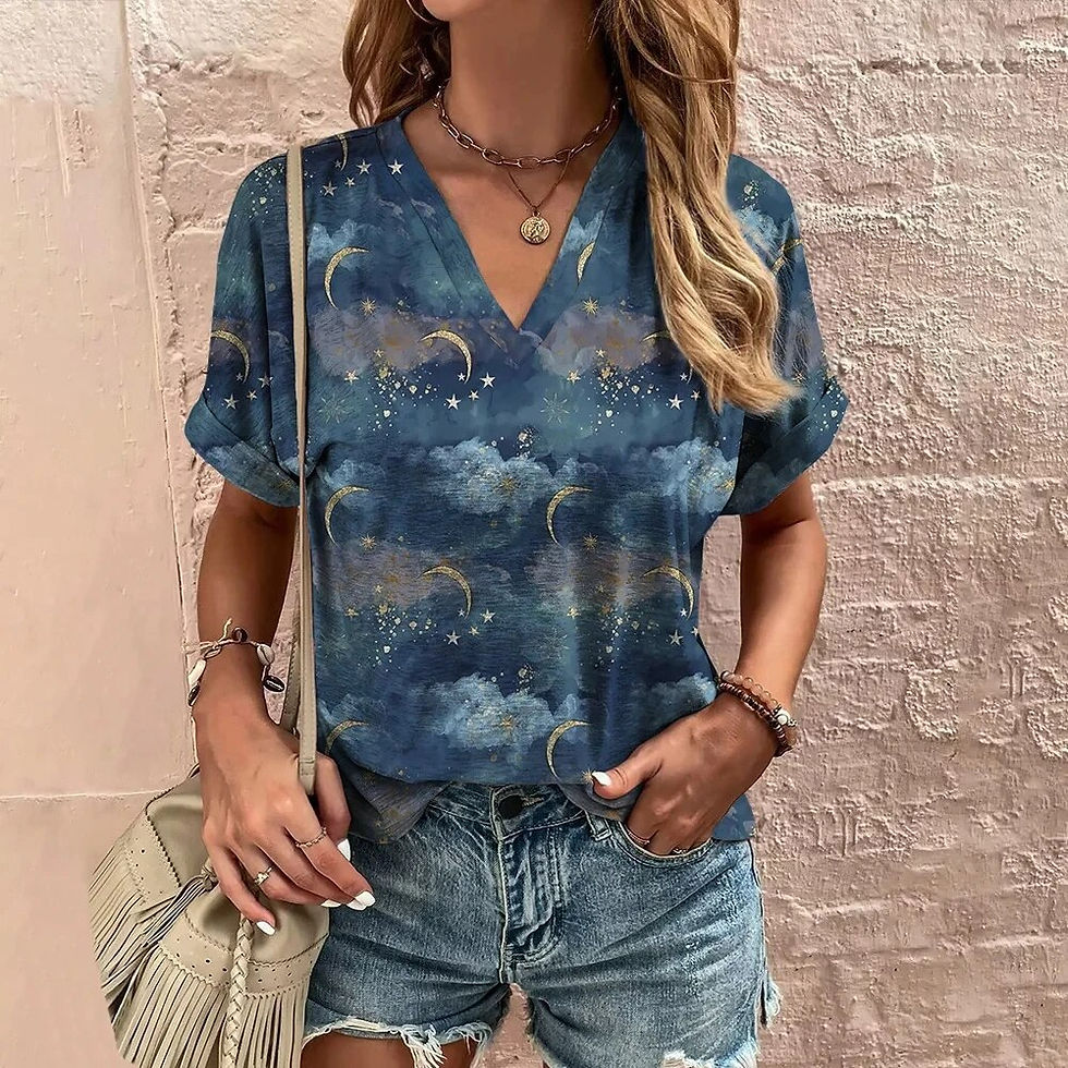 Thumbnail: New In Women's T-Shirt Summer V-Neck Short Sleeve Tops Fashion Casual Print T-S
