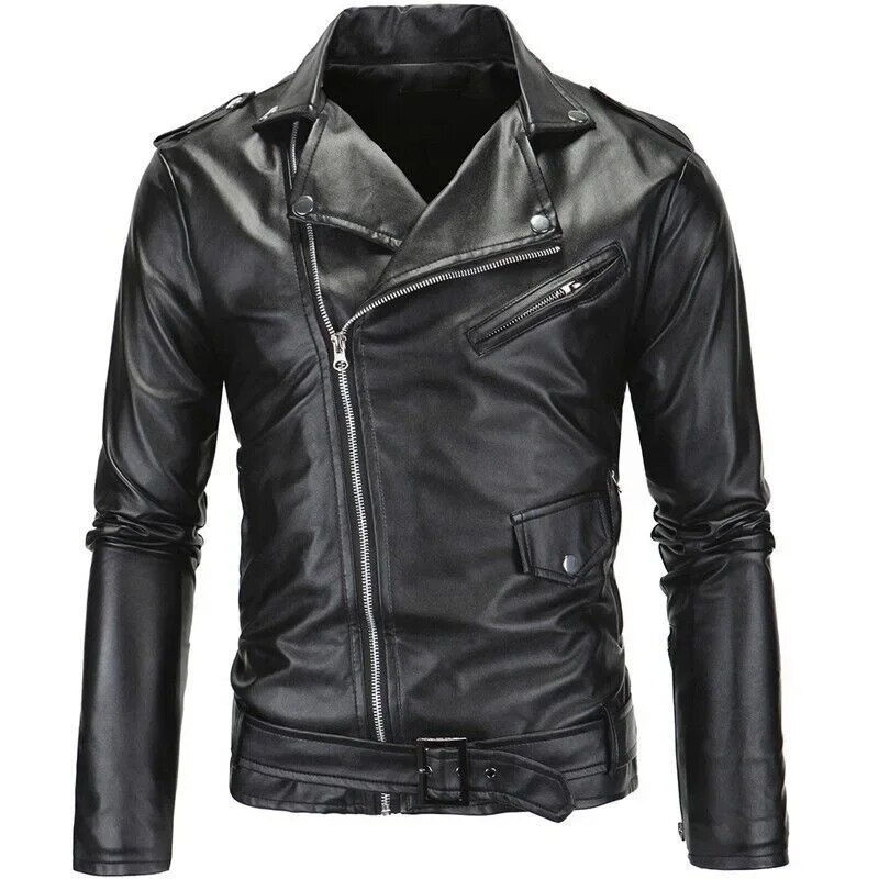 Thumbnail: Mens Leather Jackets 2023 New White Black Casual Lapel Slim Fit Diagonal Zipper