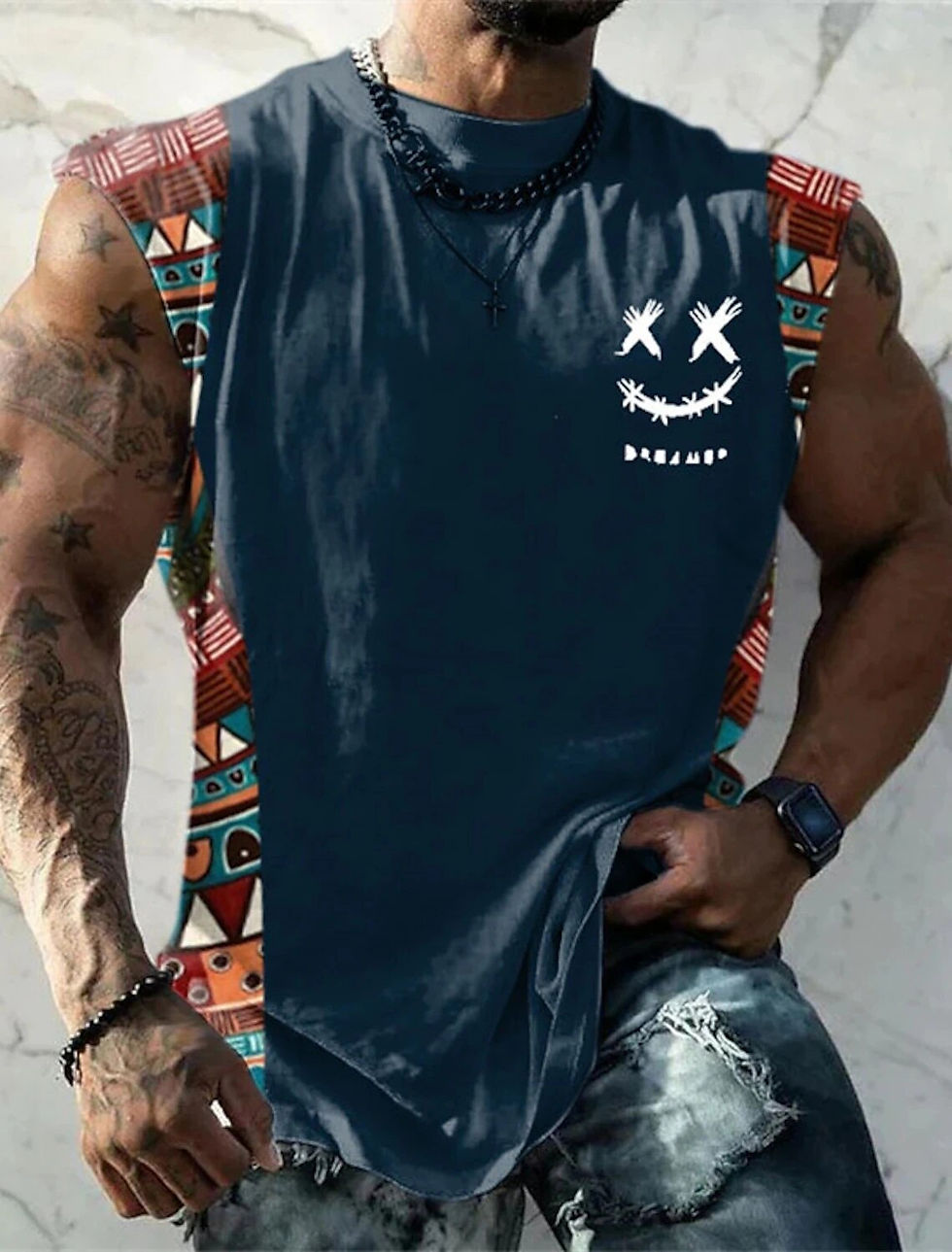 Thumbnail: Summer New Men's Vest T Shirt Patterned Tribal Round Neck Clothing Daily Fitnes