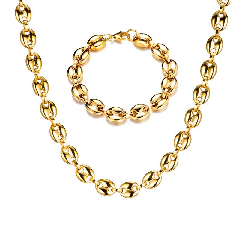 Thumbnail: Width 11MM Stainless Steel Gold Plated Coffee Beans Link Chain Necklace Bracele