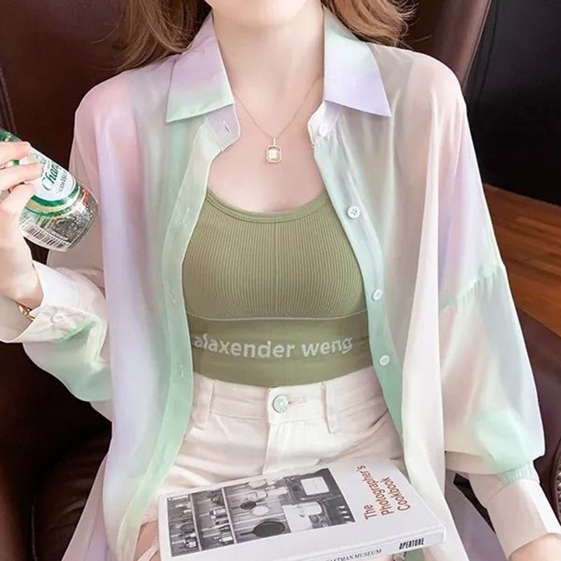 Miniatura: Turn-down Neck Long Sleeved Shirt And Blouses Gradient Rainbow Color See-throug