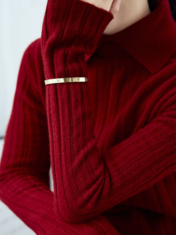 Thumbnail: New Polo Collar Women's Knitted Sweater Long Sleeve Slim Fit Pullovers for Wome