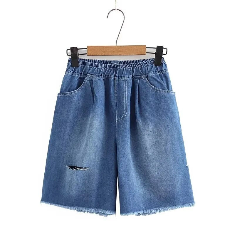 Plus Size Women's Clothing Summer Denim Shorts Elastic Waist Non-Stretch Straig