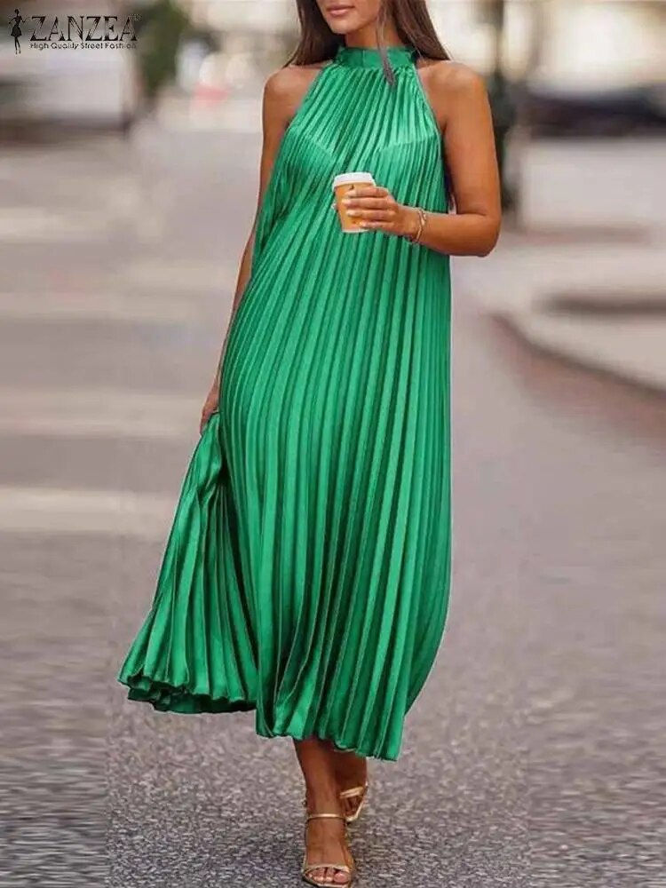 Sīktēls: Vintage Sleeveless Long Dresses Women Halter Neck Sundress ZANZEA Fashion Pleat