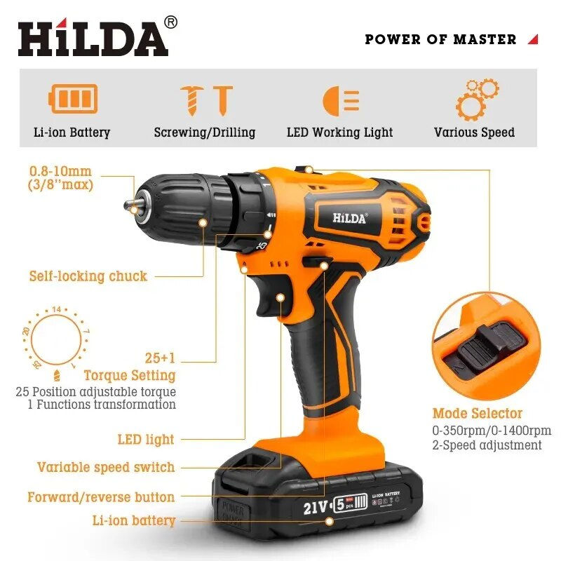 Miniaturebillede: HILDA 12V 16.8V 21V Cordless Drill Electric Screwdriver Mini Wireless Power Dri