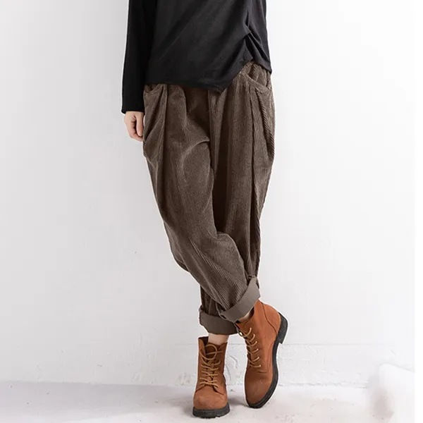Thumbnail: Women's Fashion Corduroy Elastic Waist Solid Color Pocket Casual Pants Harem Lo
