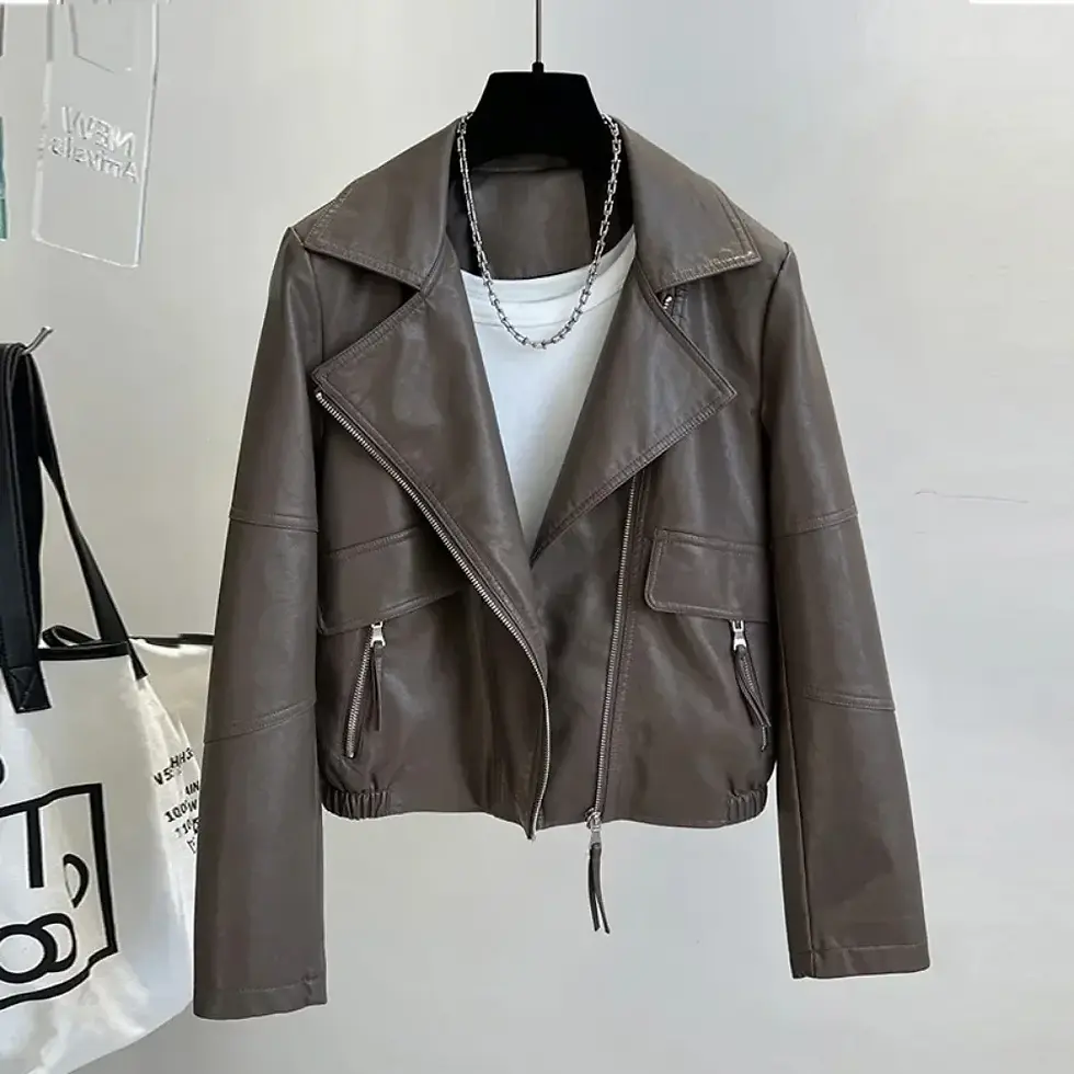 Thumbnail: 2024 New Spring Autumn Vintage Faux Leather Jacket Women Brown Moto Biker Leath