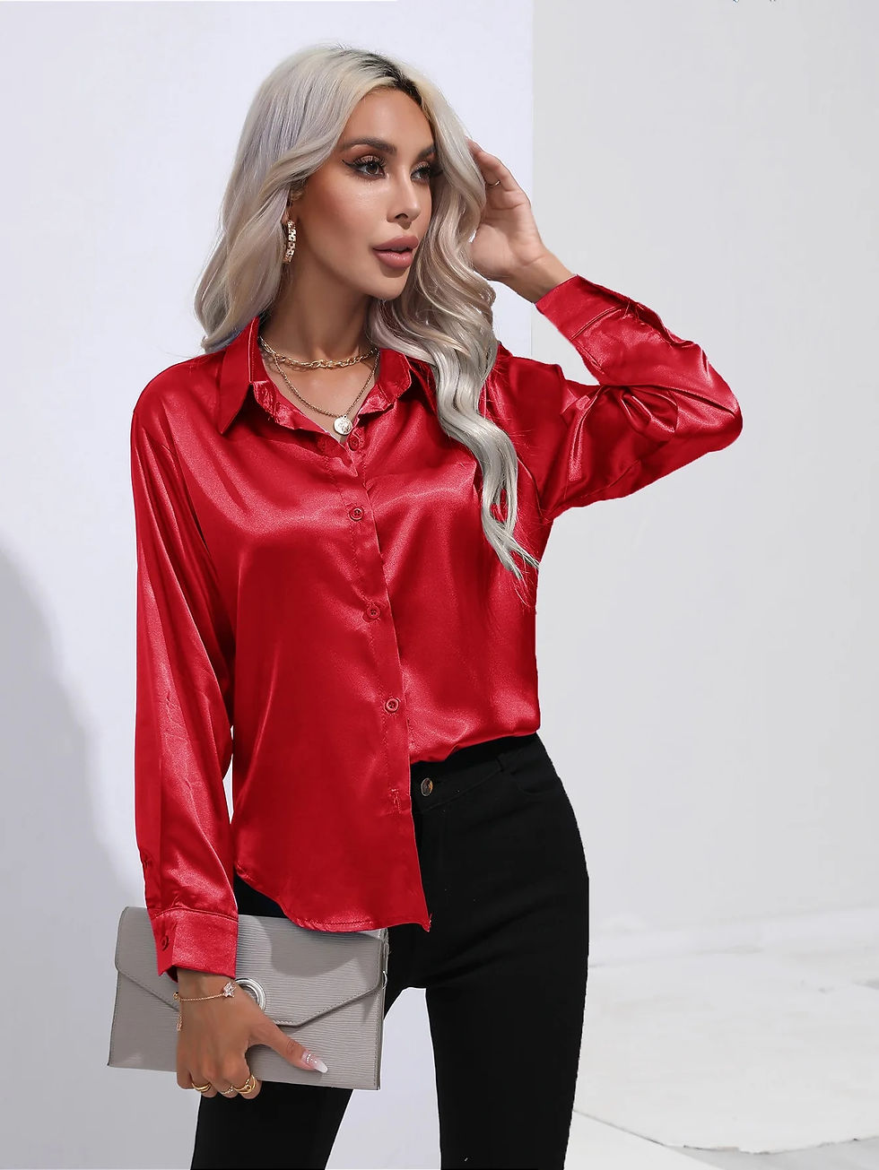Miniatyrbild: Elegant Women's Satin Imitation Silk Long Sleeve Shirt Autumn/Winter Solid Offi