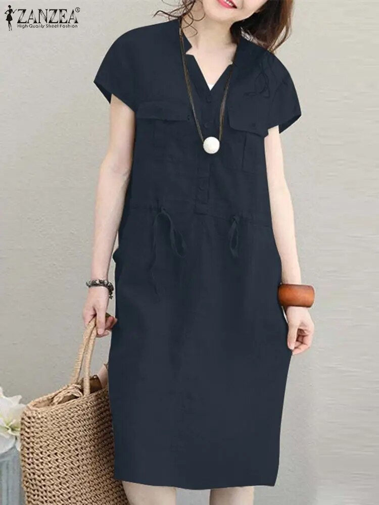 Thumbnail: ZANZEA Summer Short Sleeve Solid Knee-length Dress Fashion Women V Neck Casual
