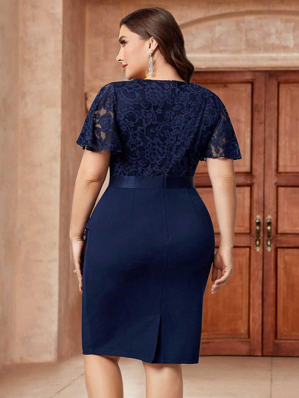 Hình thu nhỏ: Plus Floral Lace Flounce Sleeve Ruffle Trim Wrap Hem Bodycon Dress