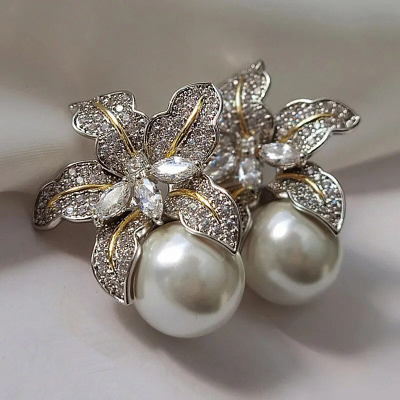 Miniatura: Huitan Gorgeous Flower Imitation Pearl Earrings Women Luxury Inlaid Sparkling C