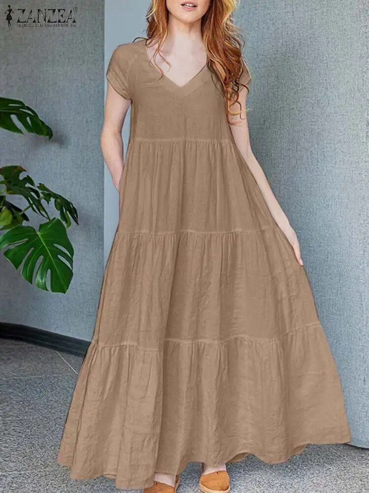 Miniature : ZANZEA Woman Elegant Pleated Dress Solid Color Short Sleeve V-Neck Dresses Fash