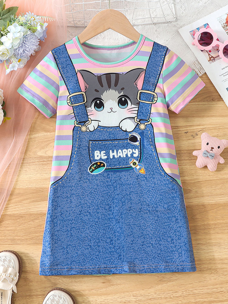 Thumbnail: Girls Cute Cat Print Striped Casual Vacation Outing T-Shirt Dress