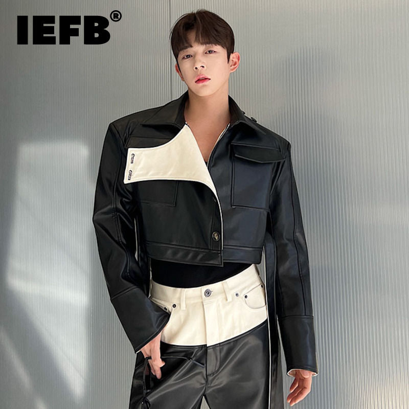 Thumbnail: IEFB Spring Designer Short Denim Pu Leather Jacket Contrast Color 2023 Turn-dow