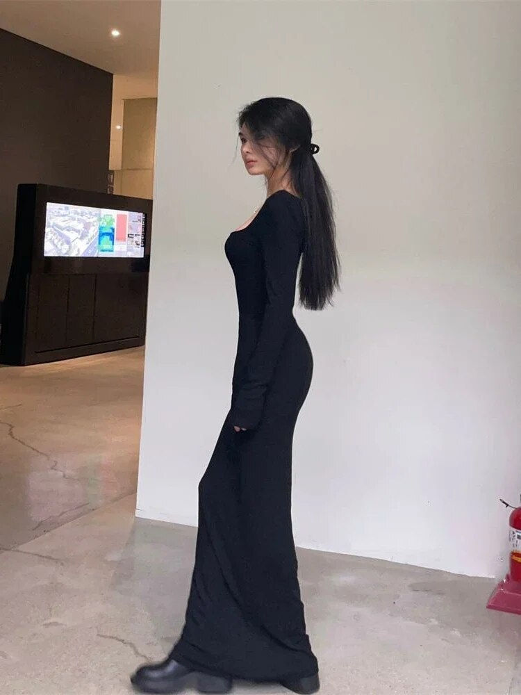 Thumbnail: QWEEK Y2K Cute Black Dress Women Vintage Wrap Slim Bodycon Long Dresses Party E