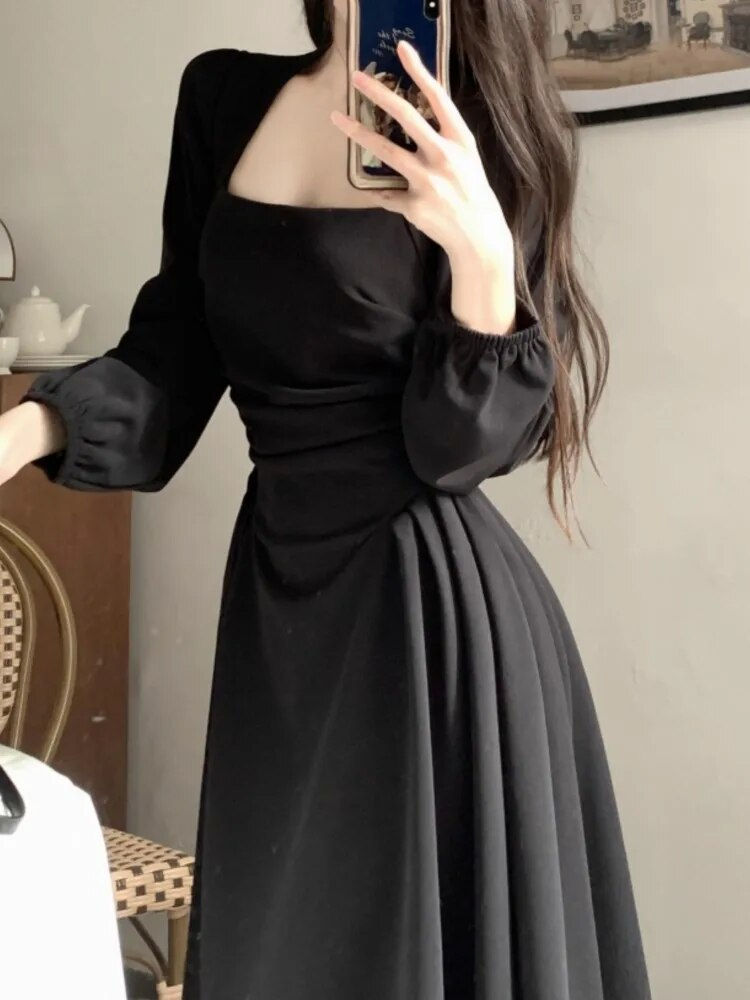 Vintage Casual A-Line Midi Party Dresses Women Autumn Elegant Solid Evening Clu