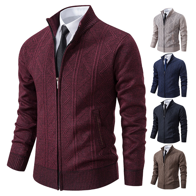 Thumbnail: Thickened jacket men's autumn and winter warm trend line stand collar knitted c