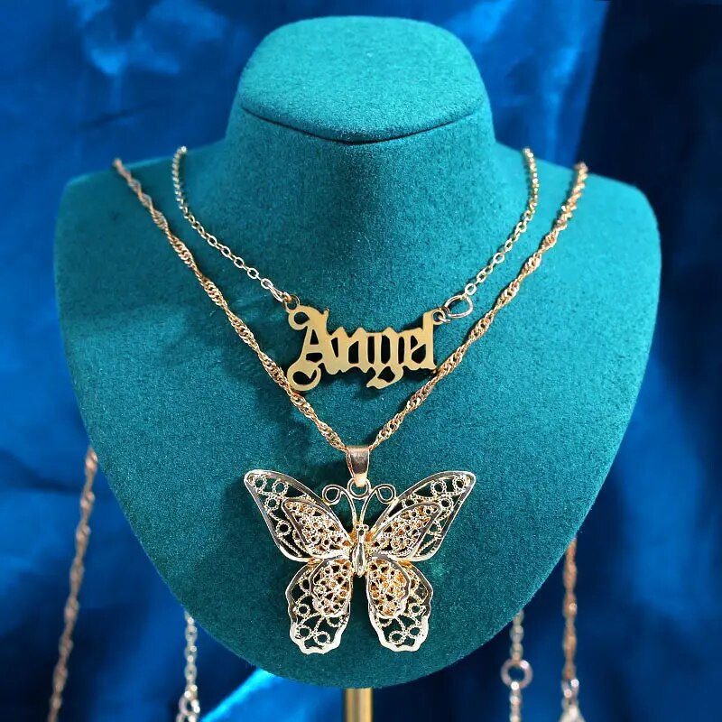 Thumbnail: New Multi Layer Butterfly Dragon Charms Crystal Necklaces For Women Punk Golden