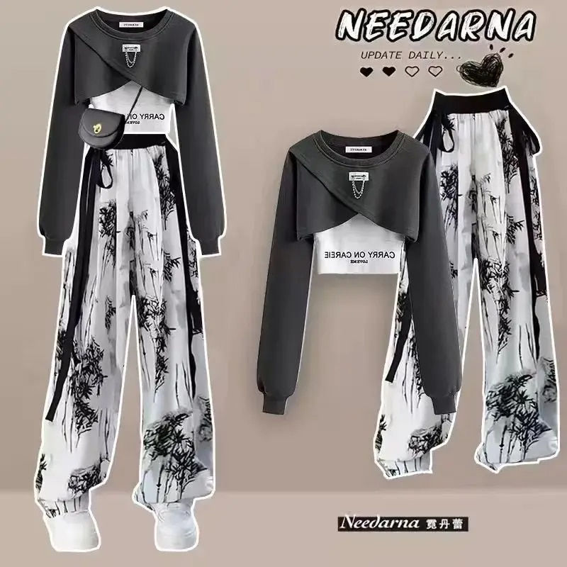 Thumbnail: Spring and Autumn Set Women's Korean Design Long Sleeved Top+Tank Top+Ink Wide