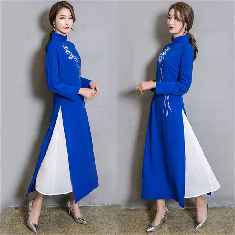 Thumbnail: Spring Summer Vintage Chinese Traditional Chiffon Cheongsam Embroidery Flower W
