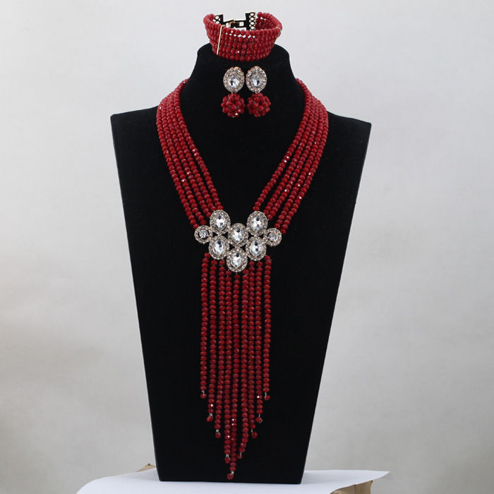 Thumbnail: Trendy Blue Crystal Jewelry Sets Long Design Women Beads Necklace African Weddi
